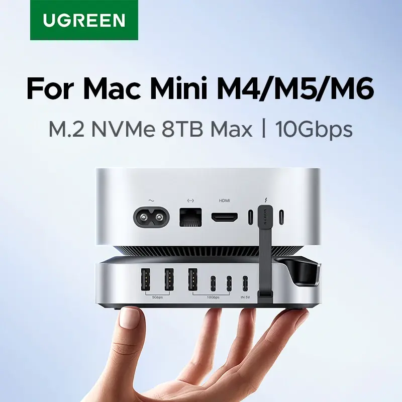 Estação de acoplamento UGREEN USB HUB para Mac Mini M4/M4 Pro, SSD M.2 NVMe de até 8 TB, 10 Gbps, portas USB-A e USB-C, leitor de cartões SD e TF, 170 MB/s, divisor USB.