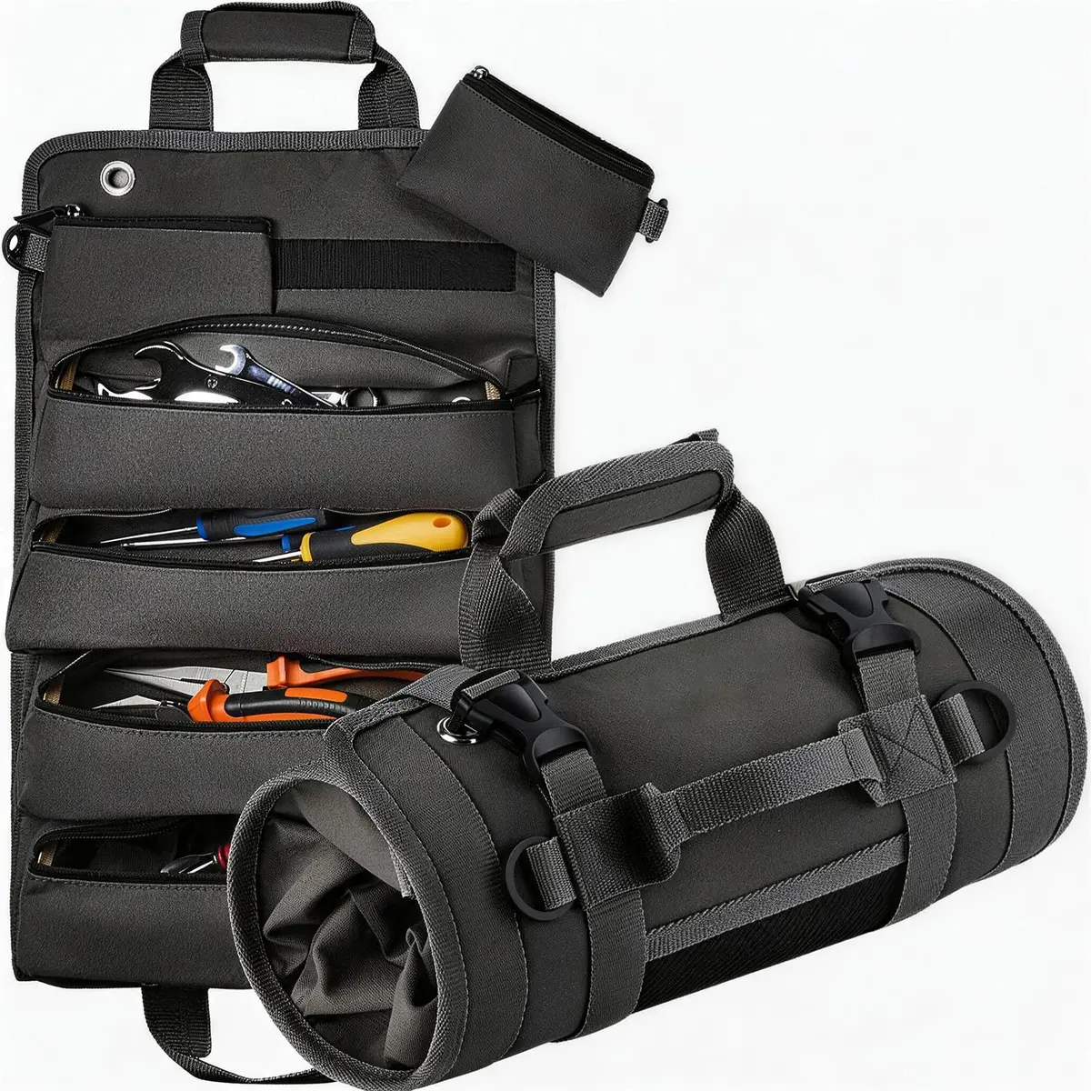Organizador de Bolsa de Ferramentas Dobrável Portátil com 4 Compartimentos e 2 Bolsas Removíveis, Bolsa de Ferramentas Resistente à Prova d'água, Bolsa de Tecido Oxford com Zíper para Homens