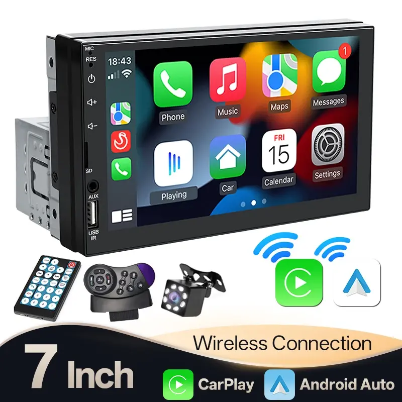 Hippcron 7 "1din rádio do carro sem fio carplay android auto bluetooth aux usb universal multimídia mp5 player espelho link autoradio - 1