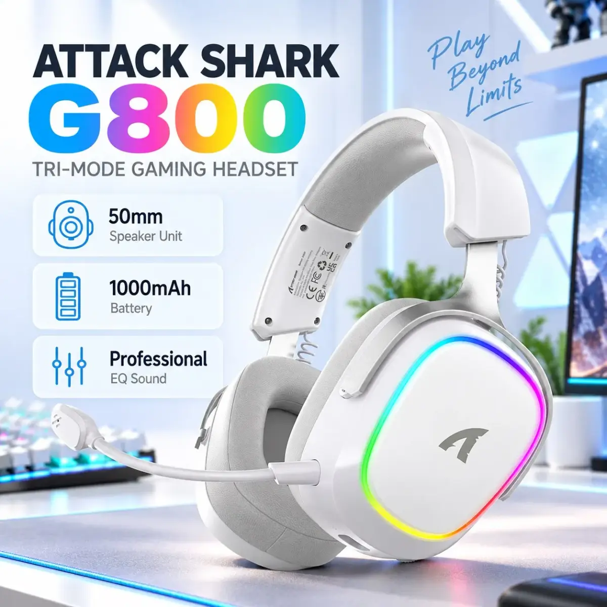 Headset Gamer Sem Fio Attack Shark G800 2.4G, Bluetooth 5.3, Som Surround 7.1, Microfone Destacável, 1000mAh, Fones de Ouvido RGB para PC/PS - 1