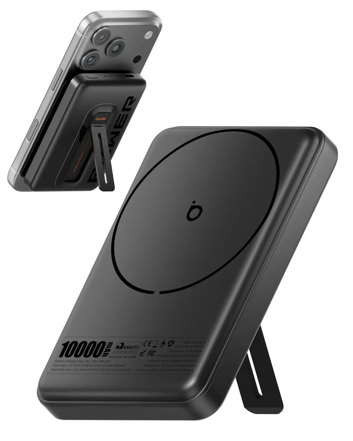 Power Bank 10000mAh Indução, Basike Carregador Portatil com Suporte(Preto) | Carregamento Sem Fio 15W(MAX) + Cabo Tipo C 22.5W(MAX)– Bateria Externa Integrado Universa Compatível com MagSafe