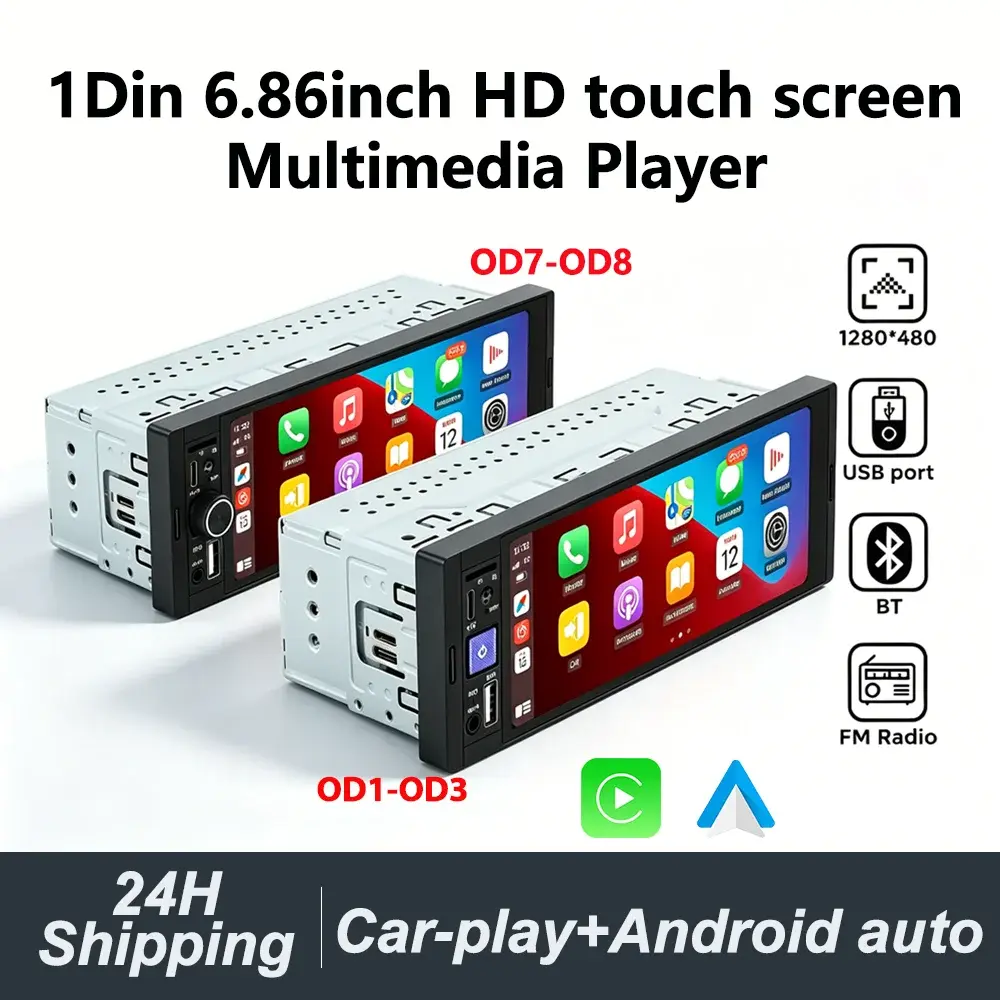Auto Rádio 1 Din Estéreo Automotivo Tela Toque HD 6.86 Polegadas Central Multimídia Suporte CarPlay Sem Fio Android Auto Bluetooth FM USB Autorádio Universal Para Todos Veículos - 1