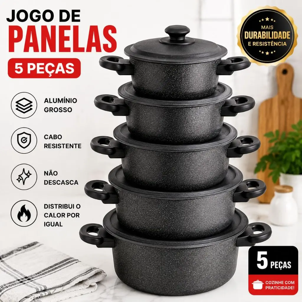 JOGO DE PANELA ALUMÍNIO 5 PEÇAS; NÃO DESCASCA; REFORÇADA; COZIMENTO RÁPIDO. - 1