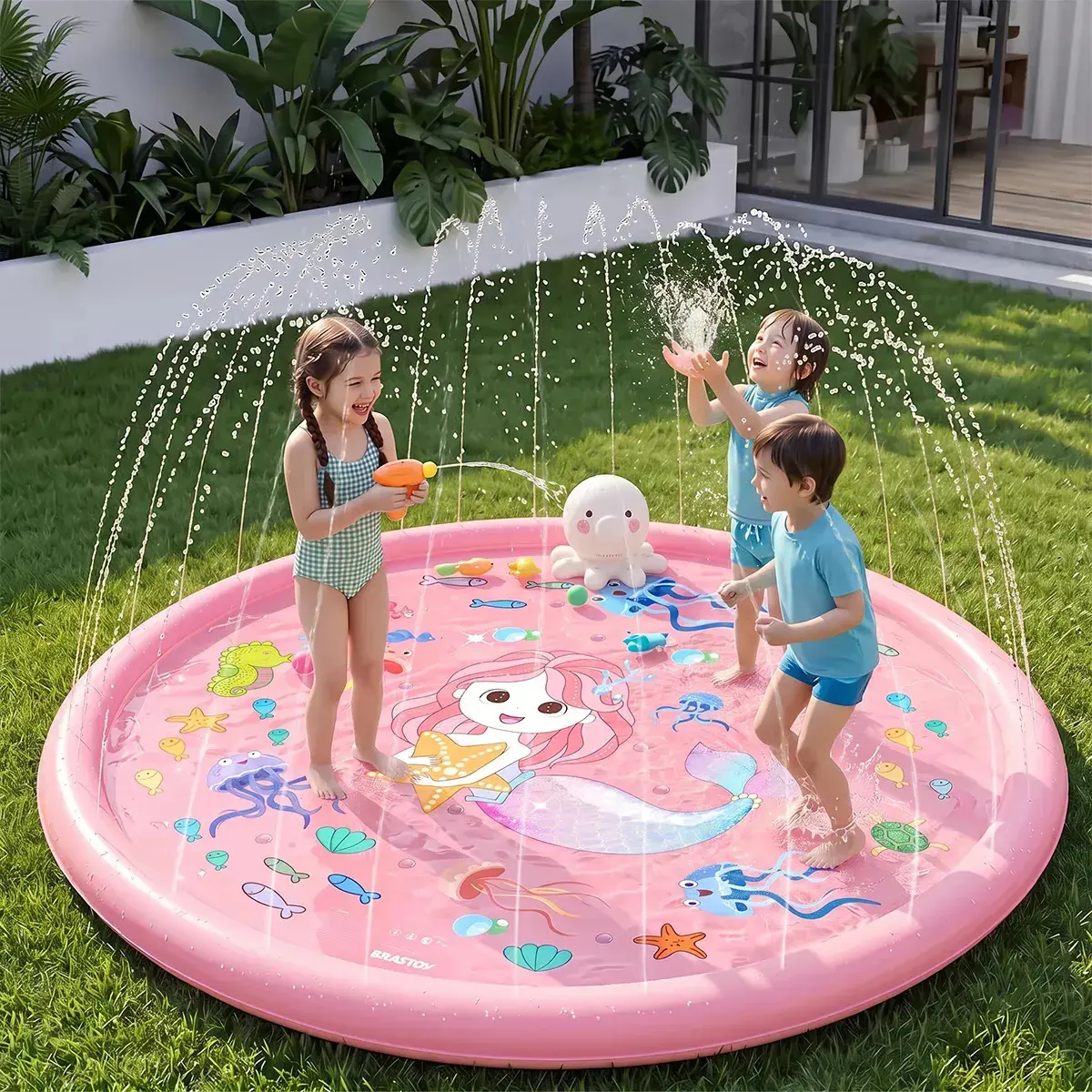 Splash Sprinkler Pad 170cm Piscina Inflável Chafariz Infantil Redonda Rosa