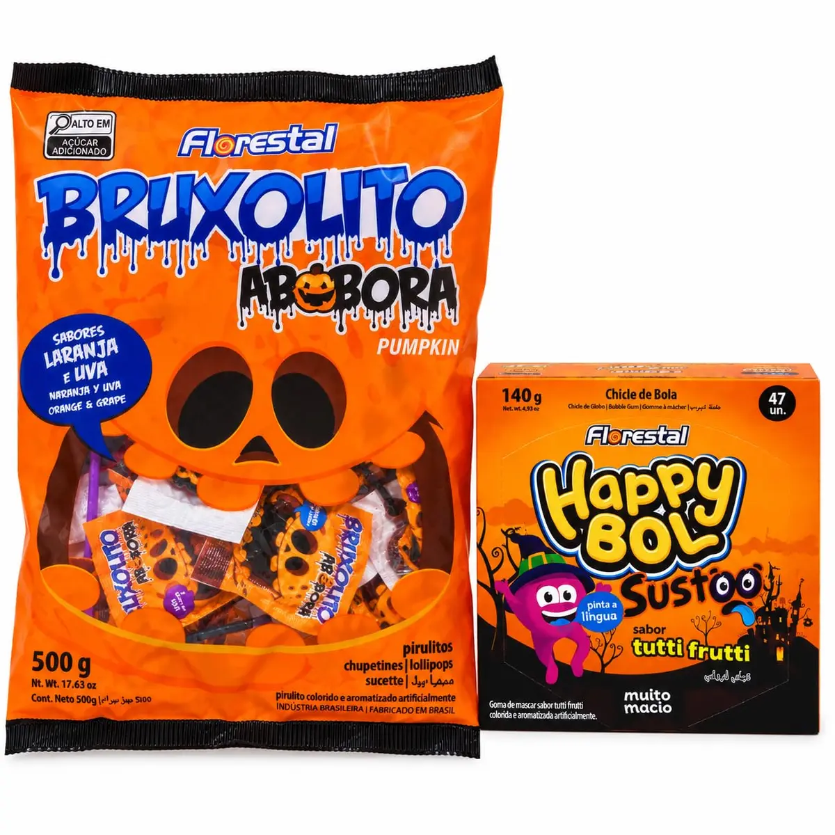 Kit Doces Halloween Pirulito Bruxolito Abóbora 500g + Chiclete Sustoo140g | Pirulito Sabores Laranja e Uva, Deixar tatuagem na Língua + Chiclete, Pinta a Língua Sabor Tutti Frutti