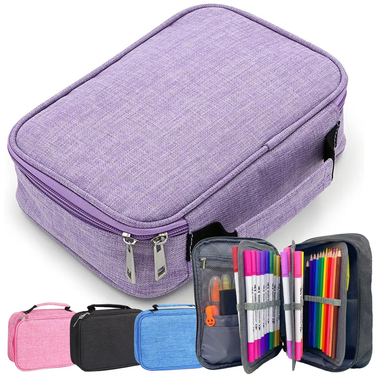Estojo Escolar, Grande Capacidade, Box Jumbo Com Alça E Elastico Para 72 Canetas Ou Lápis, Feminino Masculino, Organizador Divisórias Zíper (Roxo claro)