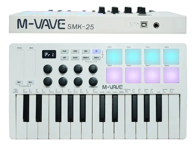Teclado MIDI USB M-Vave SMK-25 25 Teclas Brancas Sem Fio Bluetooth