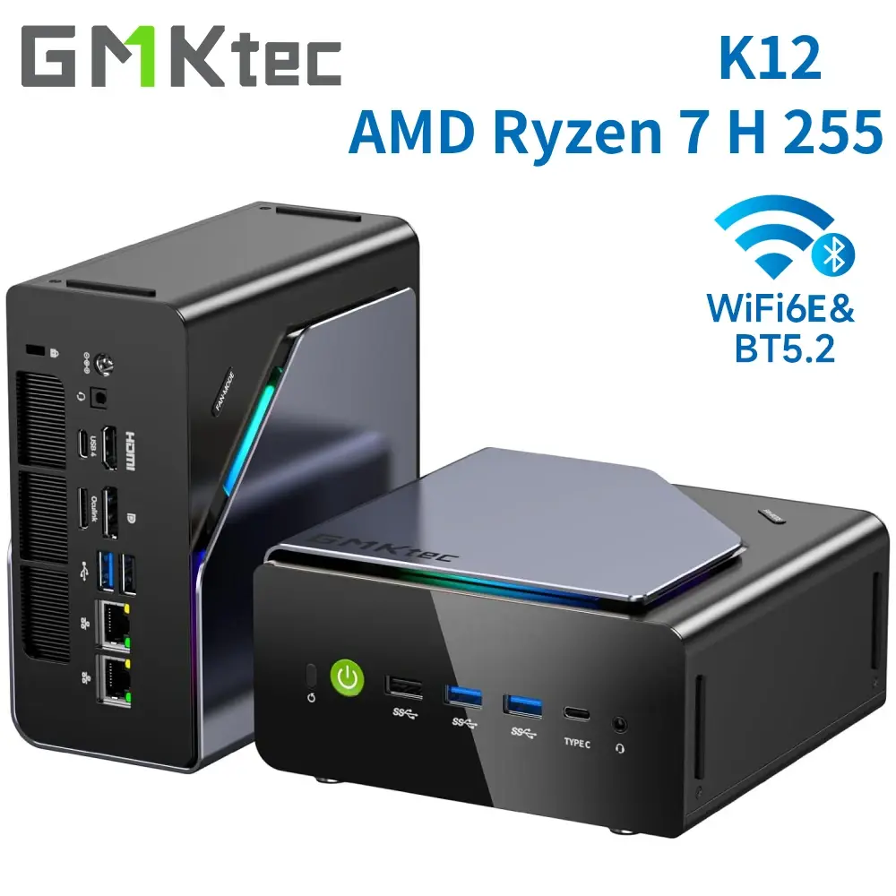 GMKtec K12 Gaming Mini PC AMD Ryzen 7 H 255 (atualizado 8745HS) Mini computadores desktop Radeon 780M WiFi 6E/BT5.2, USB-C, Barebone