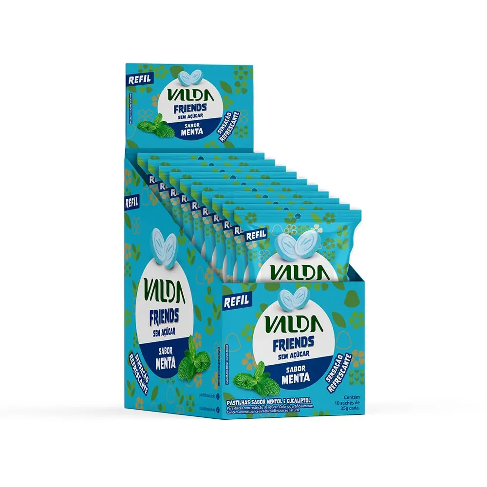 Pastilhas Valda Friends com Mentol e Eucaliptol - Sem Açúcar (Sabor Menta) - Refrescância Instantânea - Kit com 10 Sachês de 25g/cada