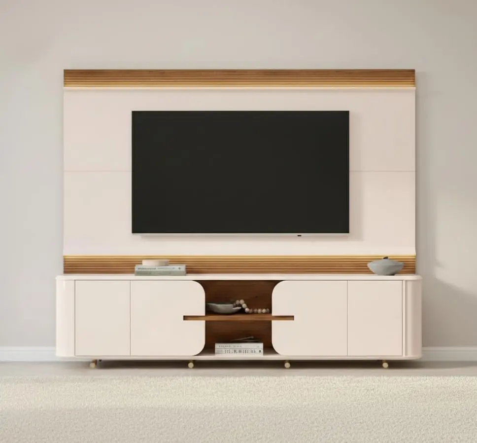Estante para TV e Home Theater Ripado para TV até 75 Polegadas com LED 100% MDF 240cmx200cm Led Lord Off White/Freijó