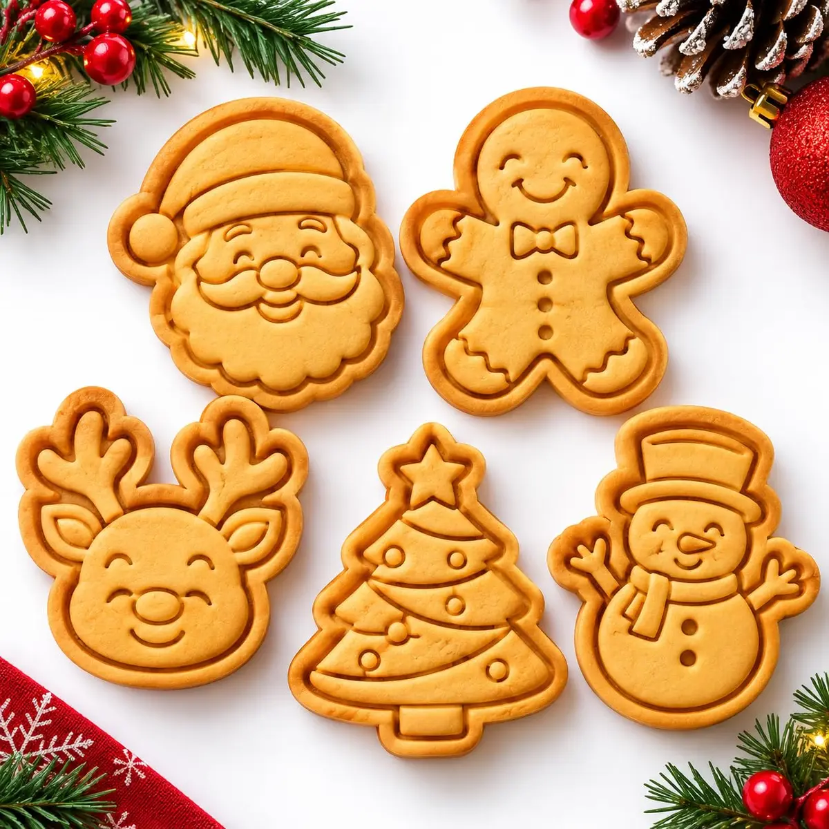 Kit 5 Cortadores de Biscoito Natalinos com Carimbo e Puxador – Moldes para Cookies e Confeitaria – Natal