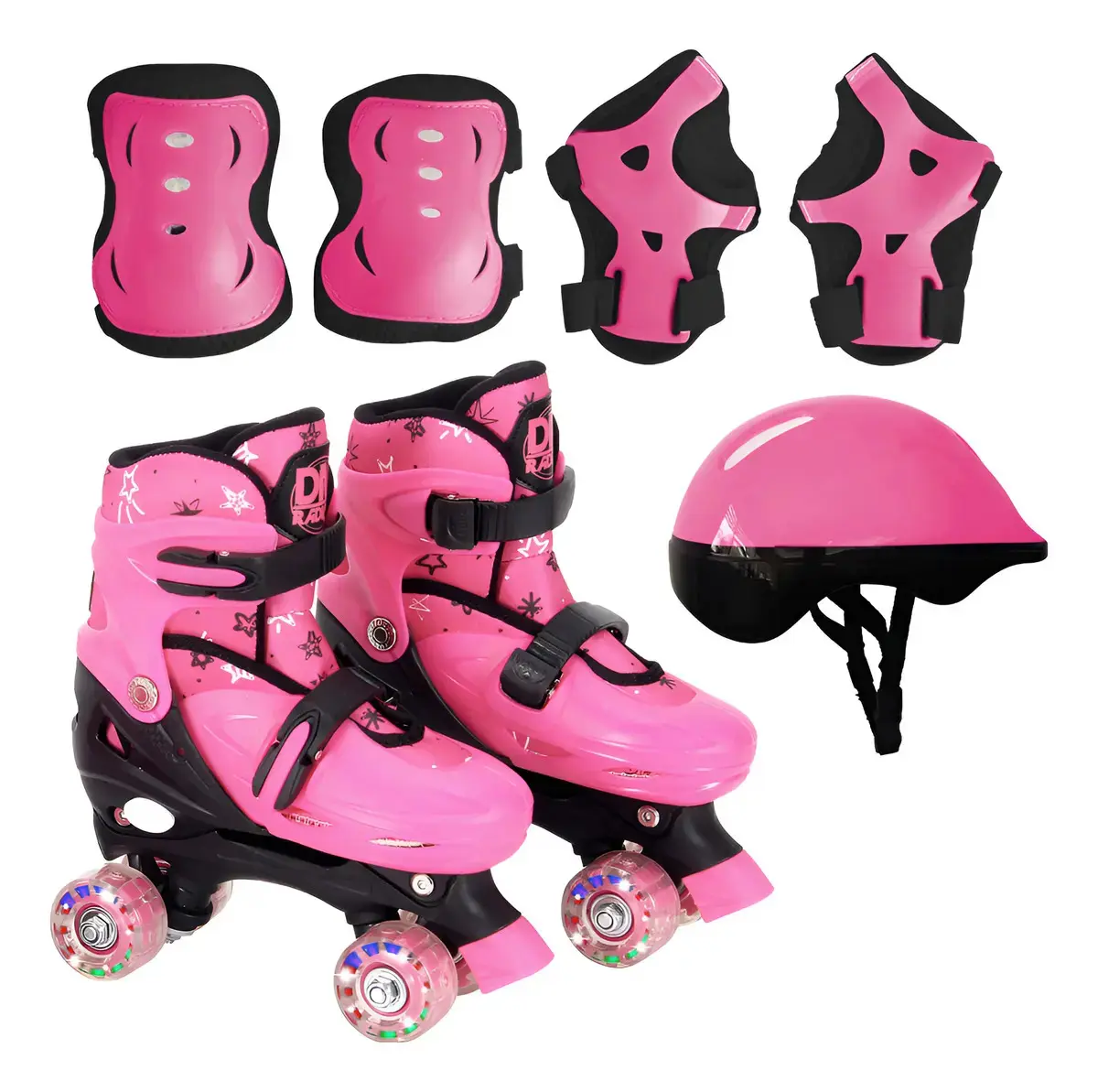 Patins Roller Ajustável Rosa com Luz e Proteção DM Toys Tamanho G (38-41)