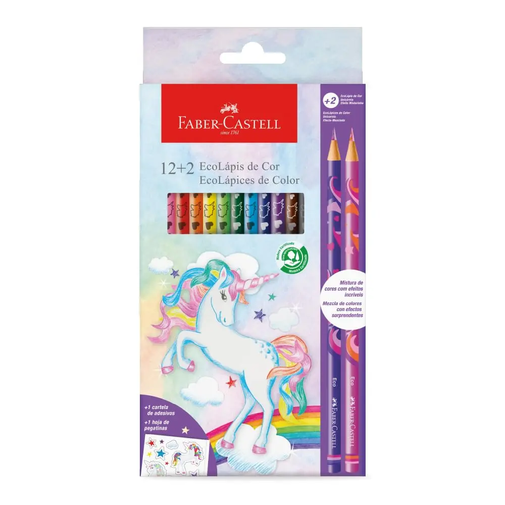 EcoLápis de Cor Faber-Castell Unicórnio, 12 Cores + 2 Lápis Misturinha (12 es/cada) - 120912+2UNI