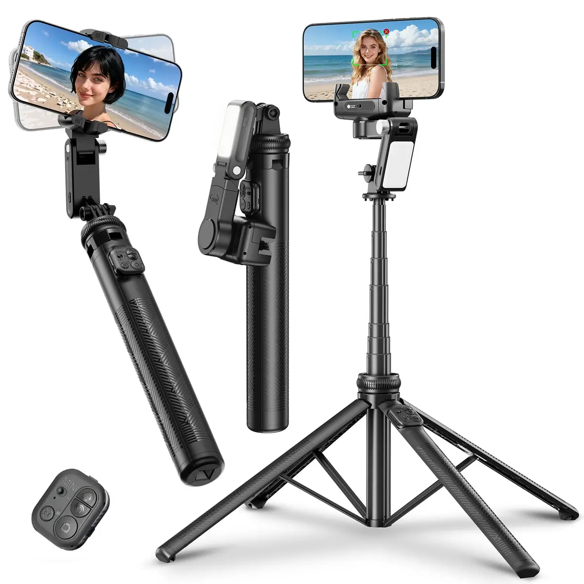 KOSCHEAL Estabilizador Celular Gimbal de 2 Eixos com Rastreamento IA | Bastão selfie de 1.57m 4 em 1 com controle remoto, luz de preenchimento, rotação 360° e 4 modos pro para vlogs.