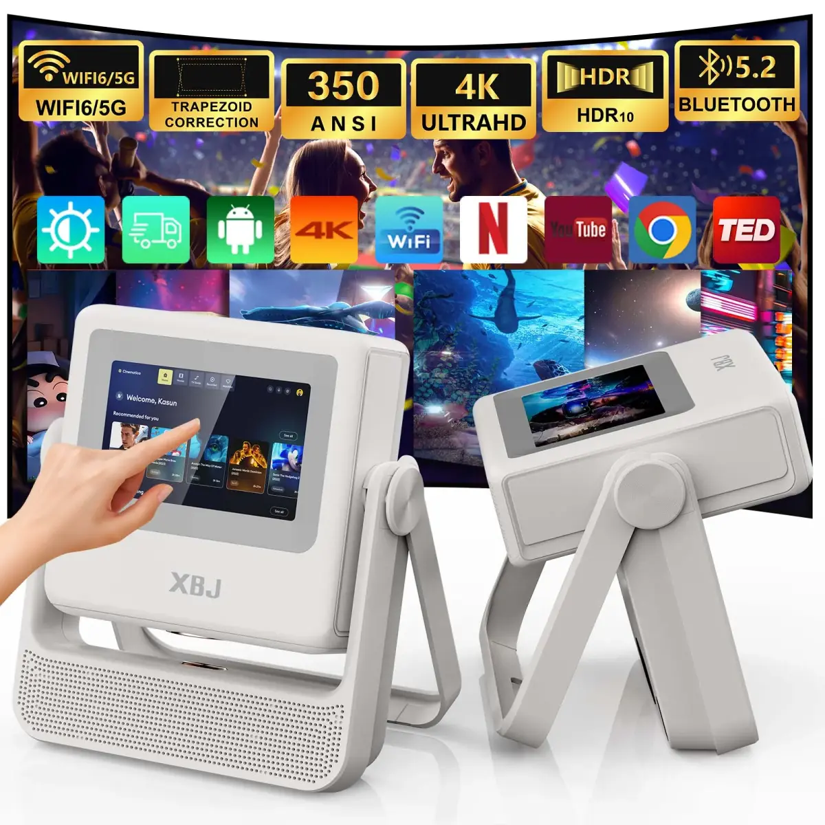 XBJ Smart Touch Screen Projetor portátil com suporte 4K Wifi 6 Bluetooth Foco automático compatível com telefone / TVStick / pc / IndoorOutdoor