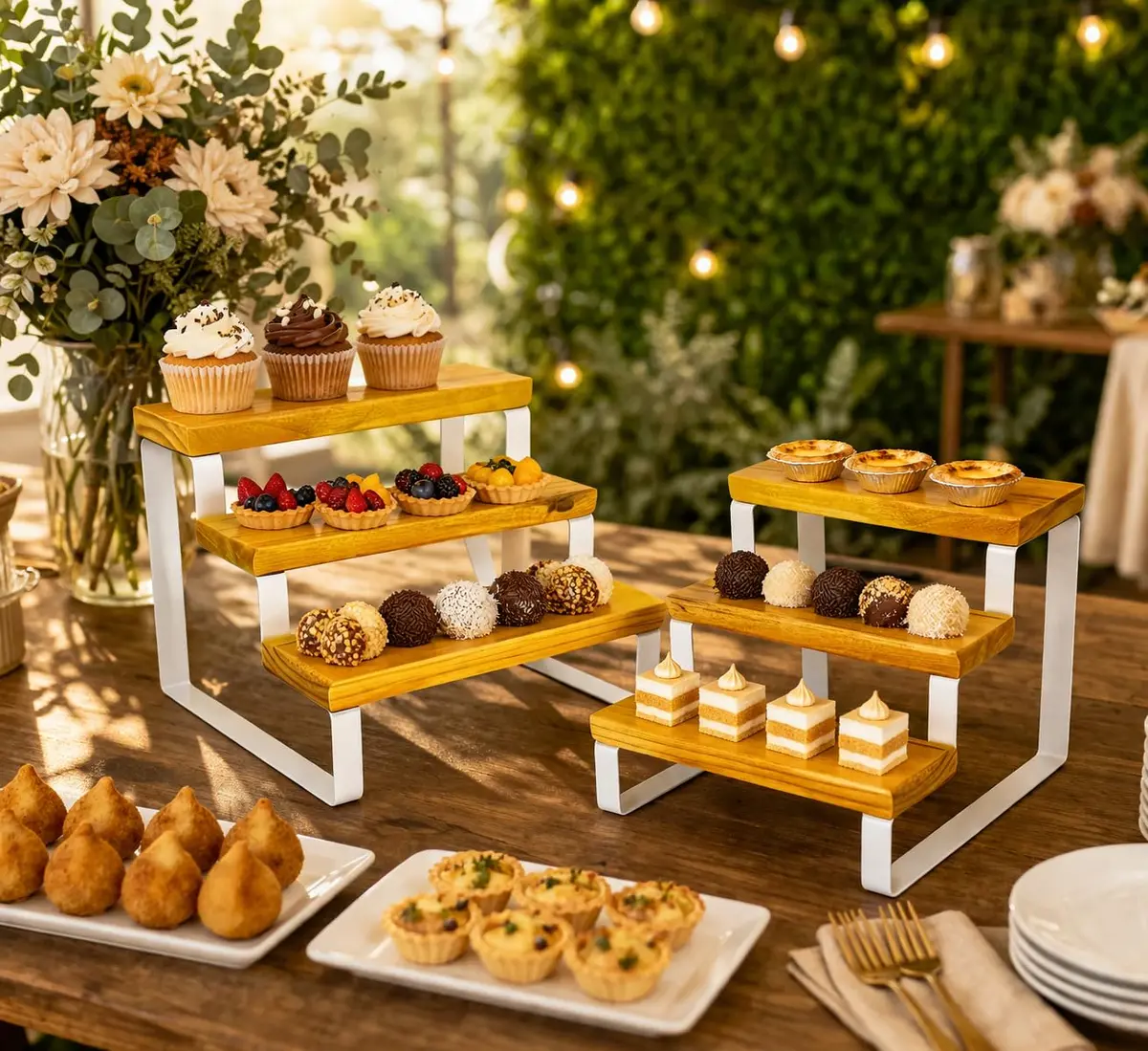 Kit 2 Suportes de Mesa 3 Andares para Doces(Branco) | Estrutura em ferro, prateleiras em pinus envernizado e 3 níveis para doces, salgados e buffet - 1