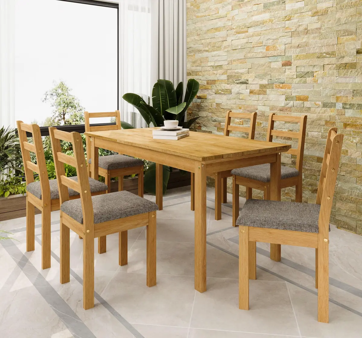 Conjunto Sala de Jantar Área Externa 6 Lugares Mesa Retangular Madeira Maciça Itália Cera Mel/Café