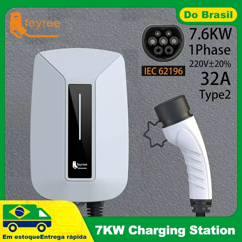 Feyree EVSE Wallbox EV Charger Type2 32A 7KW 1 Fase IEC62196-2 Plug Estação de carregamento de veículo elétrico Carregador de carro Cabo de 5m - 1