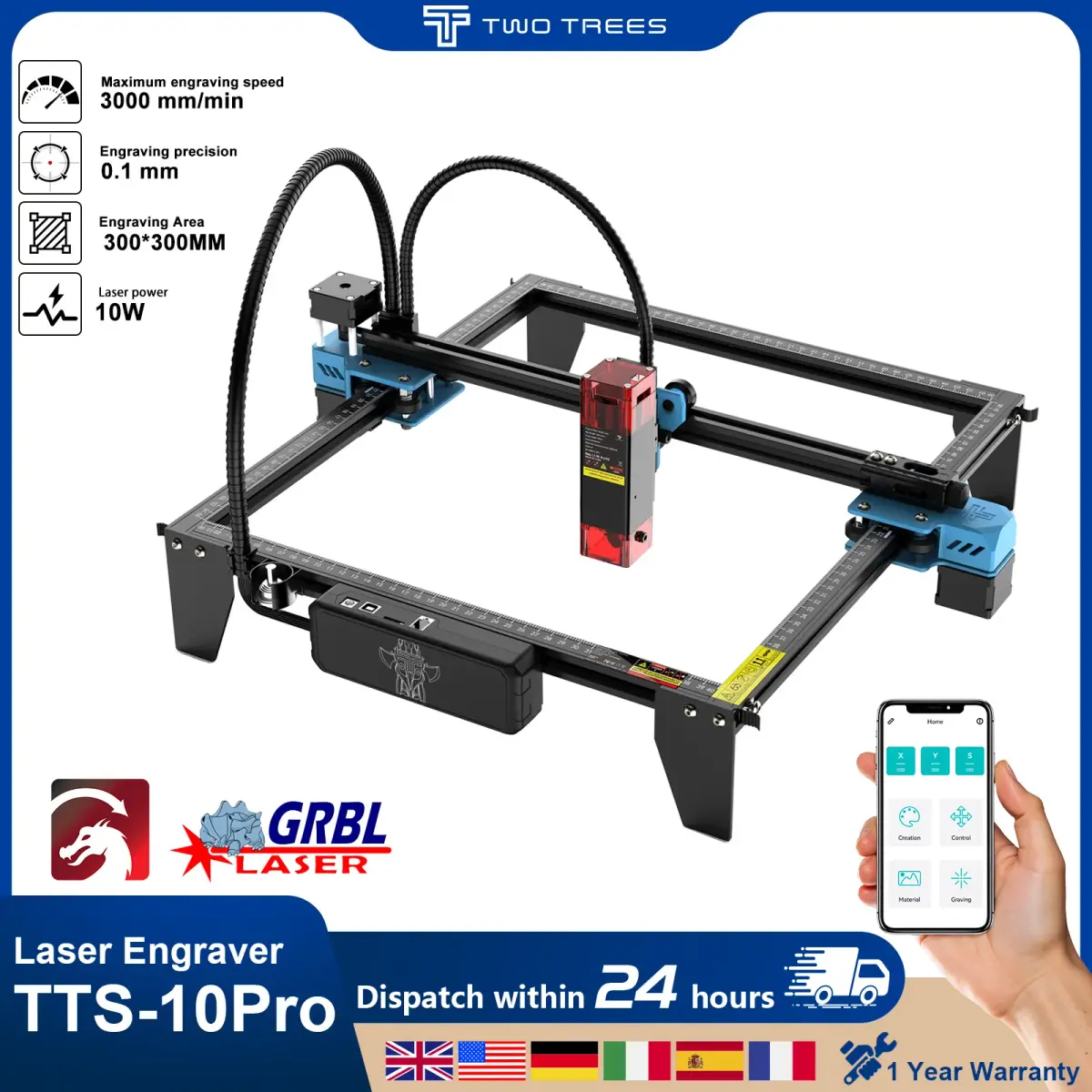 Gravador a Laser Twotrees TTS-10Pro com Tela Sensível ao Toque, Máquina de Gravação a Laser em Metal, Impressora de Logotipos DIY, Corte a Laser em Acrílico e MDF - 1