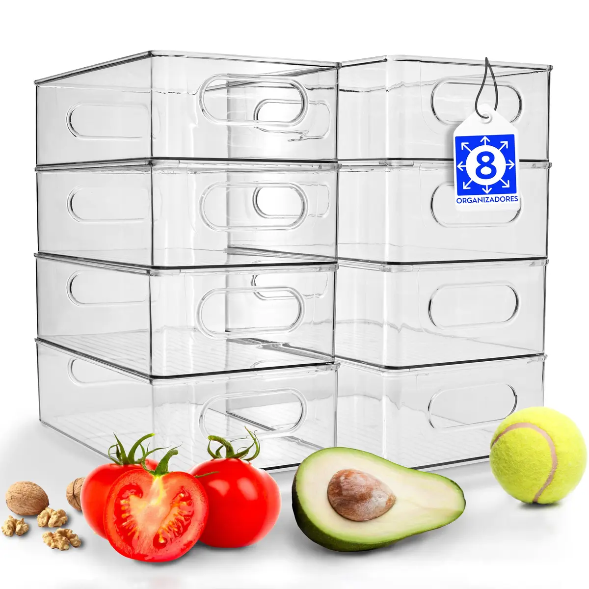 Organizador Acrílico Empilhável Tenden, Transparente, Kit com 8 Unidades | Para Geladeira, Armário, Cozinha e Escritório, Organização Prática