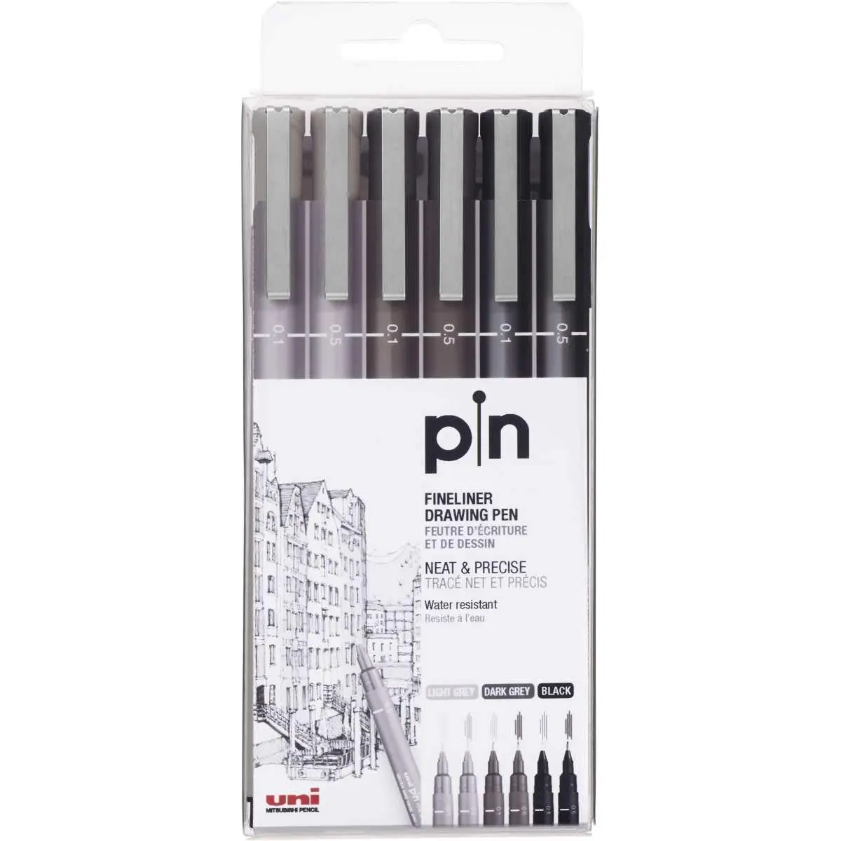 Caneta Técnica, Uni-Ball, Pin 56.5300, Cinza Claro/ Cinza Escuro/Preta, pacote de 6 - 1
