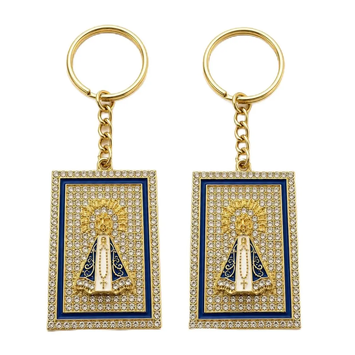 Kit 2 Chaveiros Nossa Senhora Aparecida Metal Dourado Cravejado | Formato Retangular, Detalhes em Azul e Branco, Lembrança Religiosa, Uso Diário, Conjunto com 2 Peças