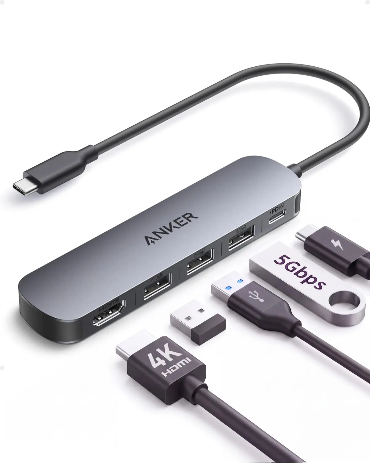 Anker Hub USB-C 5 em 1, HDMI 4K@30Hz, 2* USB, 5Gbps USB 3.0 e USB-C PD 100W | Dock Station com PD 100W, Adaptador para Macbook M1/M2/M3, Laptop Samsung/ASUS/Acer/Lenovo/Dell, iPhone 16/17, Android - 1