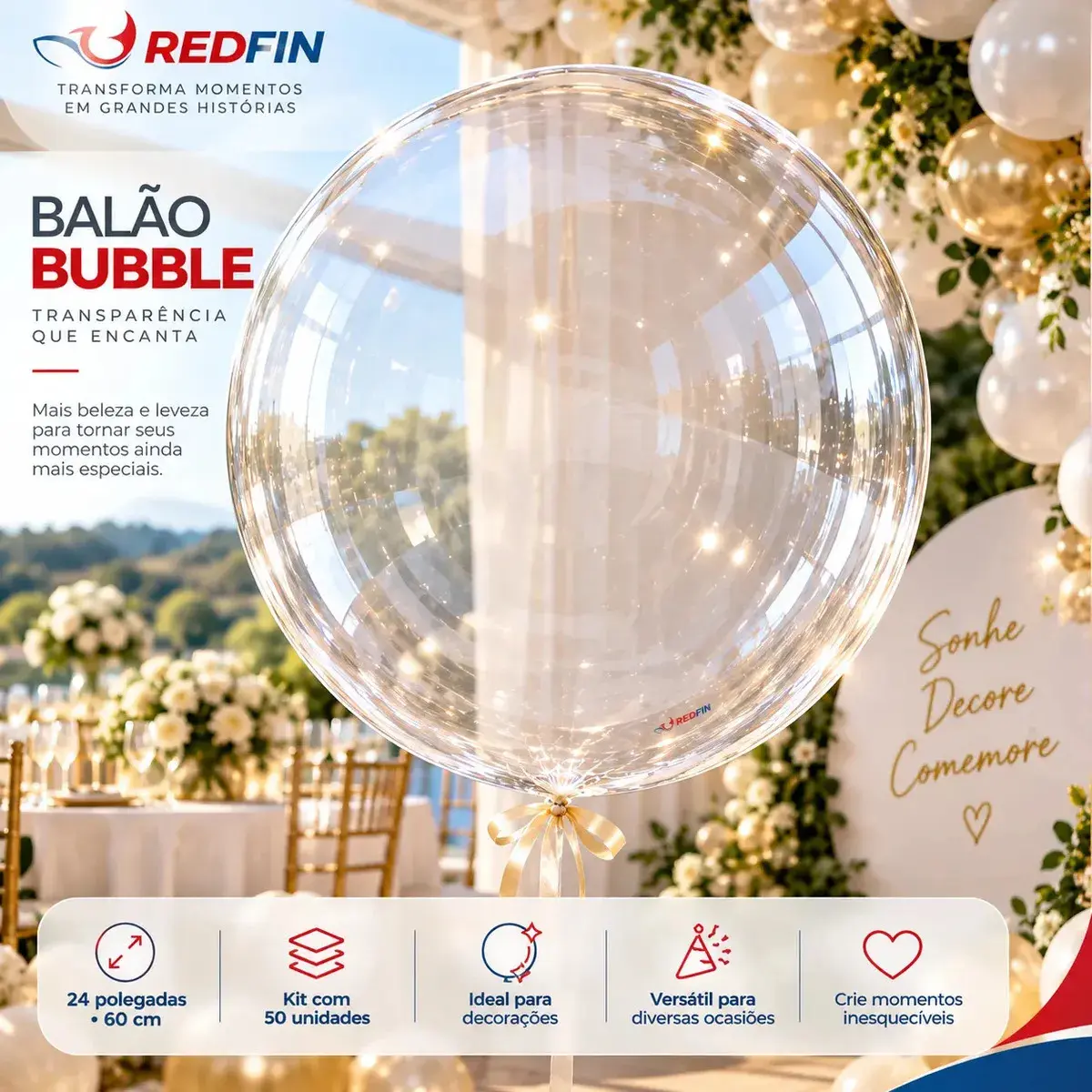 Balão Bubble Bobo 24 Polegadas Transparente 50un Balão De Festa Balao Grande Transparente Balão Cha Revelacao Balao De Formatura Balao Para Pendurar Balao Para Festa E Casamento Redfin - 1