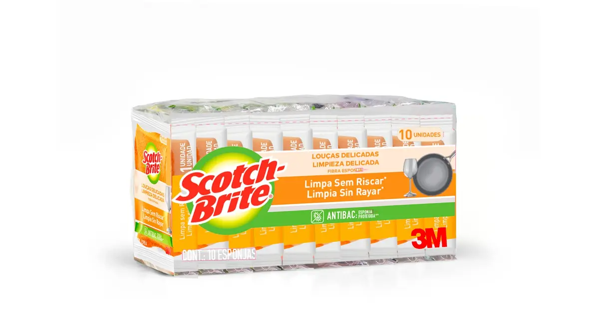 SCOTCH-BRITE 3M Esponja para Louças Delicadas Cor Laranja 10 Unidades | Não Risca Louças Delicadas, Ideal para Aço Inox Polido e Escovado, Antiaderente, Vidro, Cerâmica e Cristal, Fácil de Limpar - 1