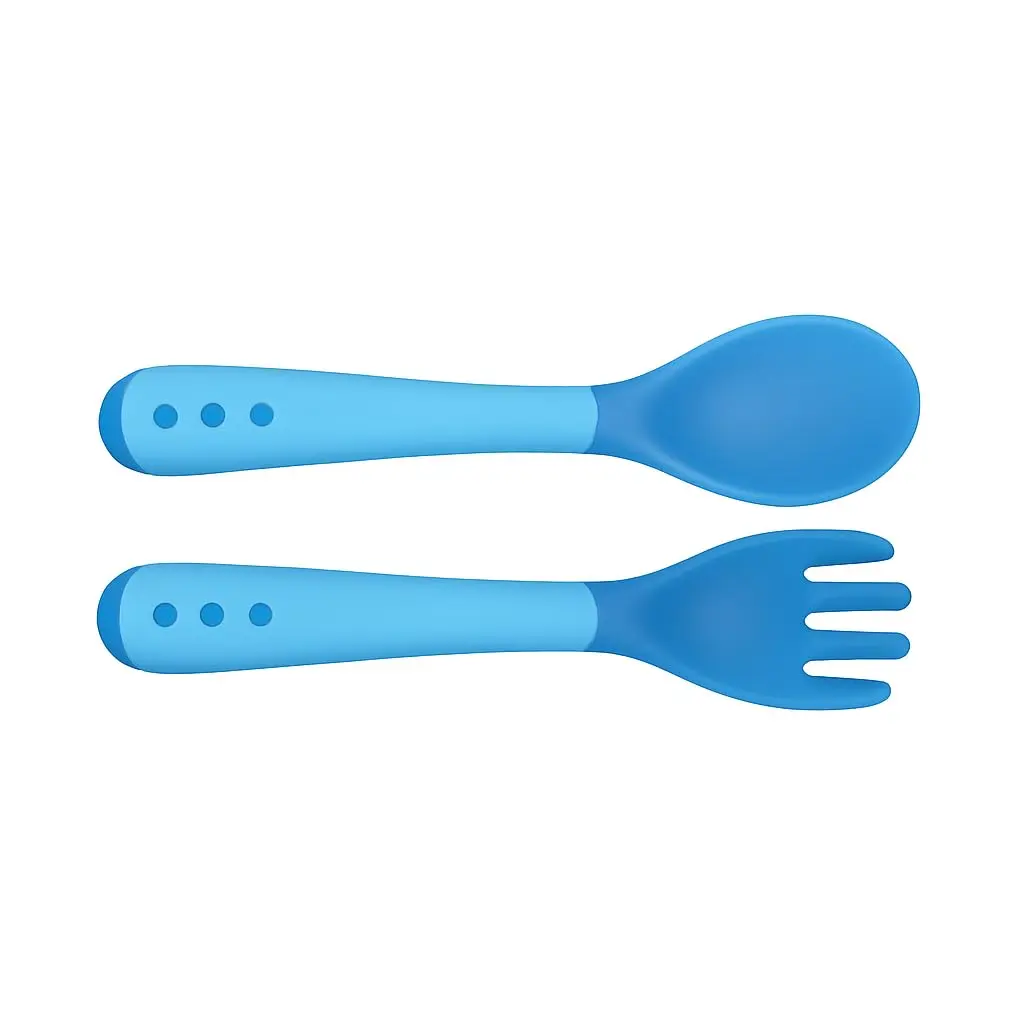 Kit Talheres Silicone Termossensível, Colher e Garfo Flexível BPA Free, Mudança de Cor com Temperatura, Macio, Seguro, Fácil de Segurar e Ideal para Introdução Alimentar (Azul)