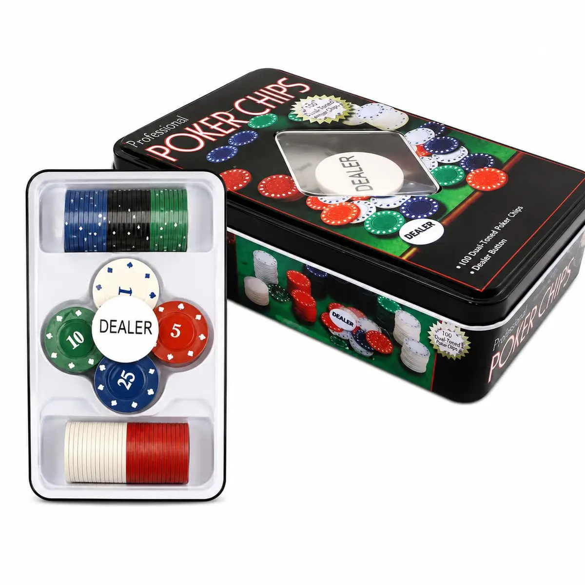 Kit 100 Fichas de Poker Dual-Tone, Estojo Metálico, Dealer