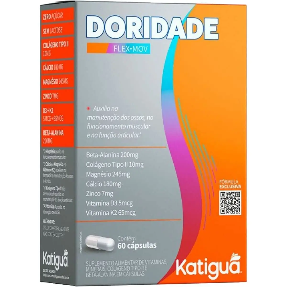 Katiguá, Doridade, Beta Alanina, Colágeno Tipo II, Magnésio, Cálcio, Zinco, Vitamina D3 & K2, Sem sabor, 60 Cápsulas rígidas • 30 doses, Cinza