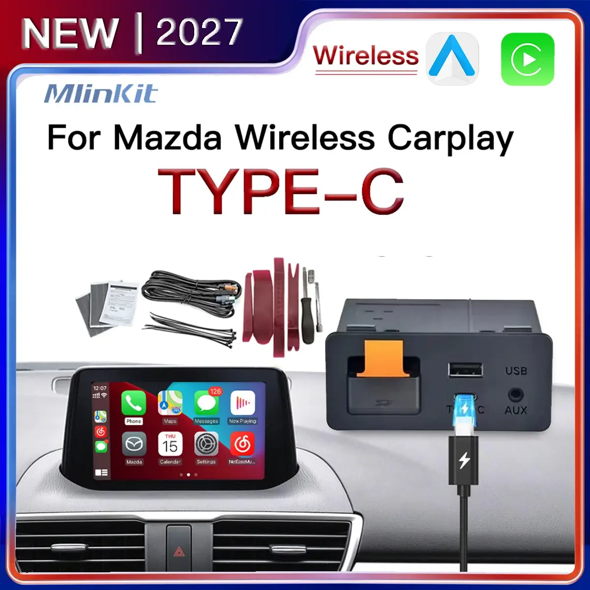 Tipo-C Com Fio Sem Fio CarPlay Android Auto Adaptador USB para Mazda 2 3 6 CX3 CX5 CX8 CX9 MX5 Demio Miata TK78669U0C Retrofit Kit - 1