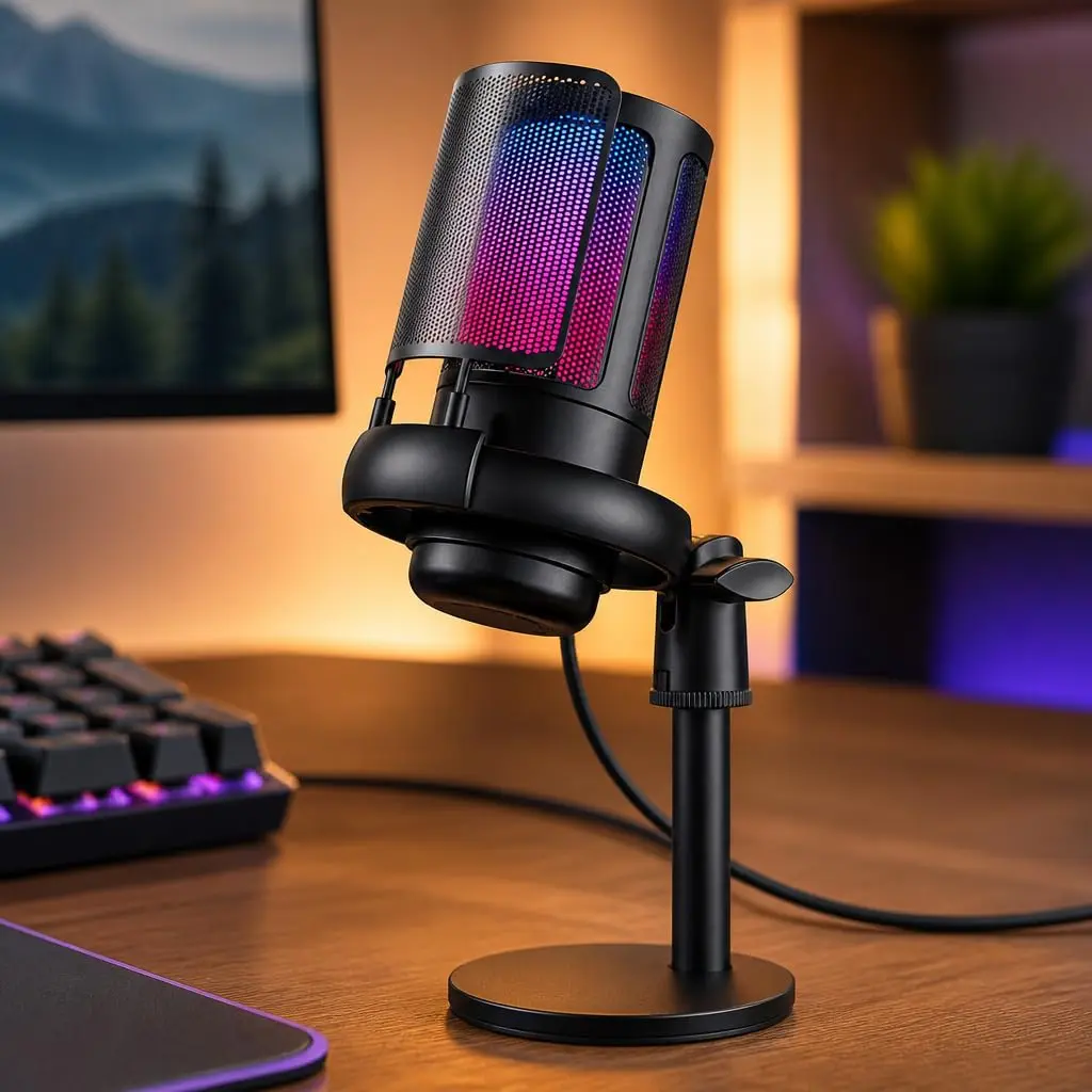 Microfone Gamer RGB USB Condensador de Mesa para PC e Notebook - Plug and Play, Botão Mute Touch, Controle de Ganho, Tipo C - Microfone Profissional para Streaming, Podcast, Lives e Jogos