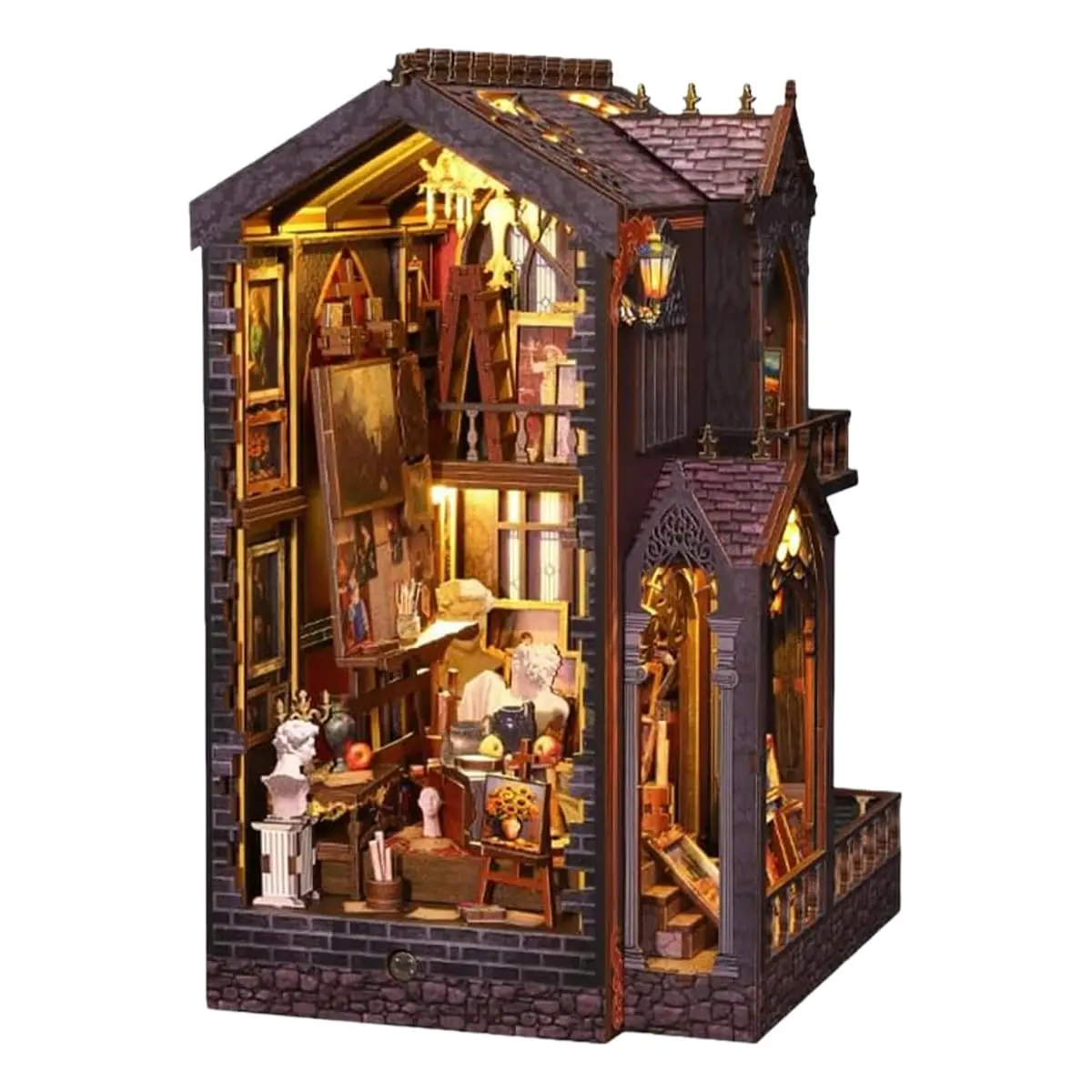 Conjunto Suportes para Livros DIY - Miniaturas Casas, Suportes Madeira 3D com Móveis e Luzes LED, Adequado para Crianças a Partir de 14 Anos (Estúdio de Arte Maravilhoso)