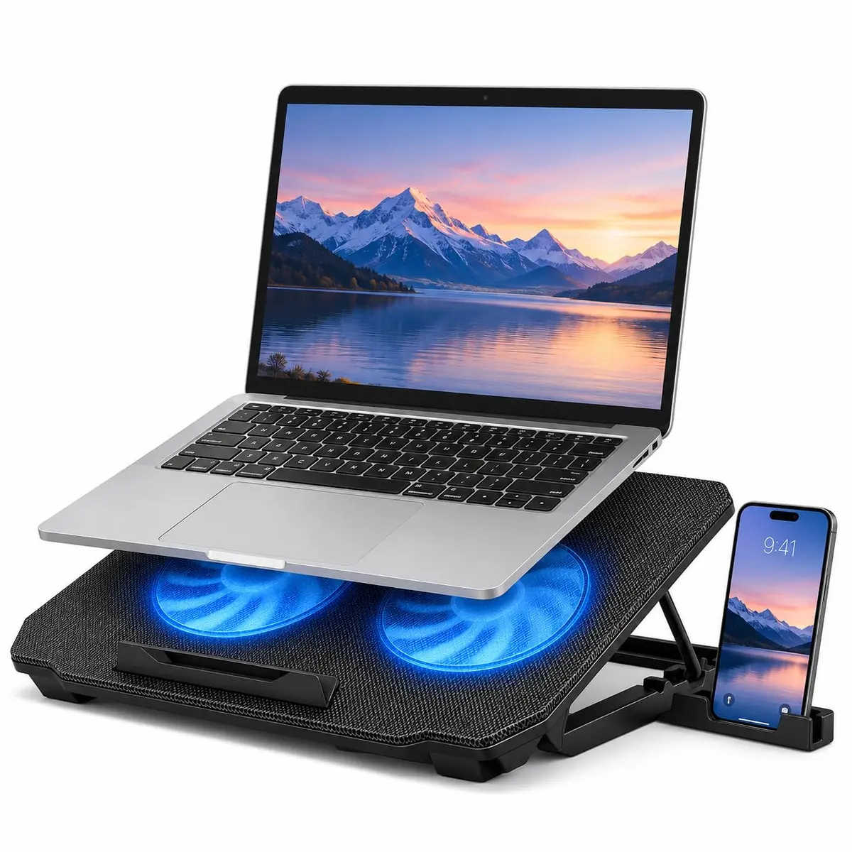 Suporte para Notebook com Cooler Duplo USB até 17 Polegadas | 8 níveis de inclinação, LED azul, Porta USB adicional,Ventiladores de 14 cm para estudos e trabalho - 1