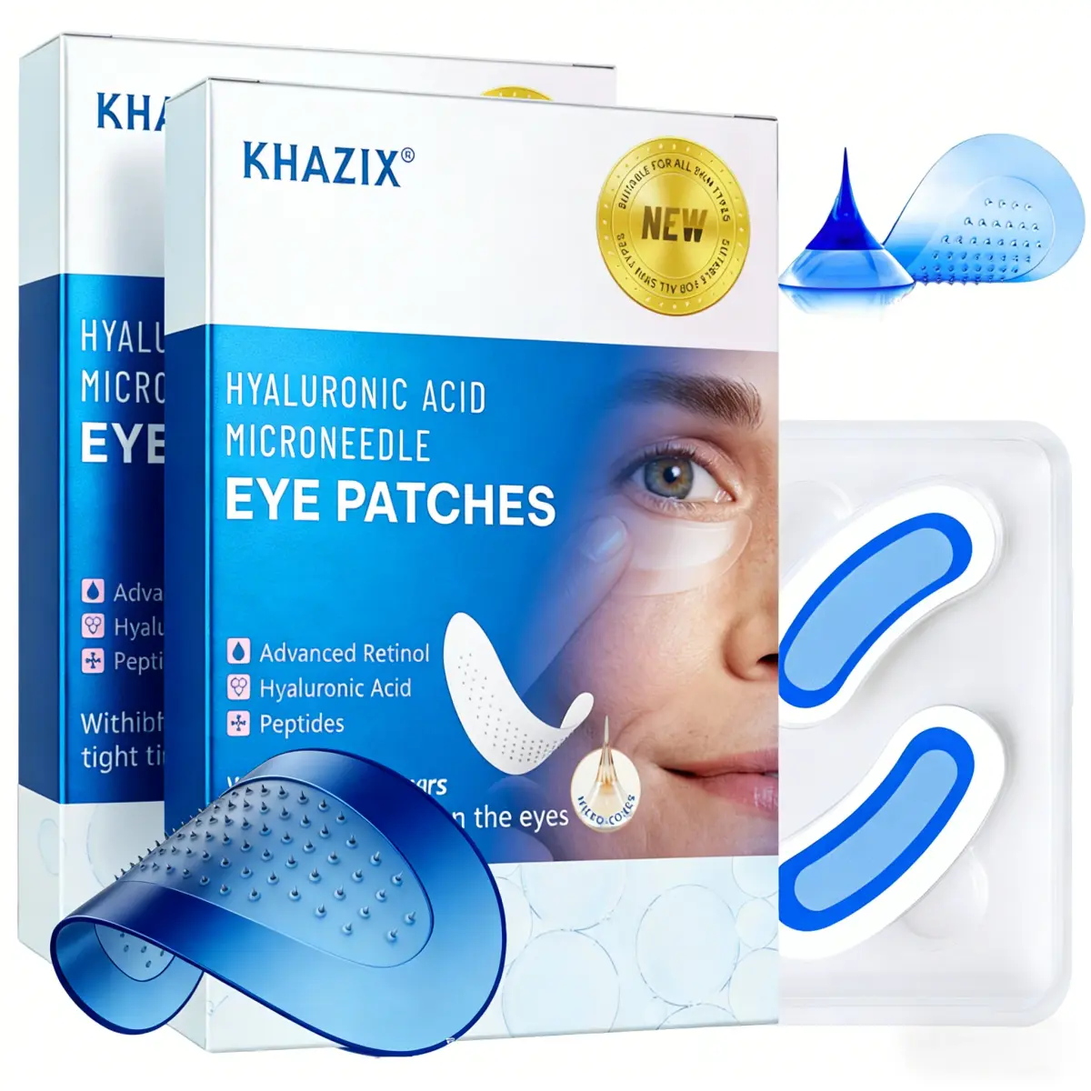 Tapa-olhos com microagulha de retinol com ácido hialurônico e peptídeos reafirmantes, para testa, área dos olhos, pés de galinha e linhas de sorriso, 1 par. - 1