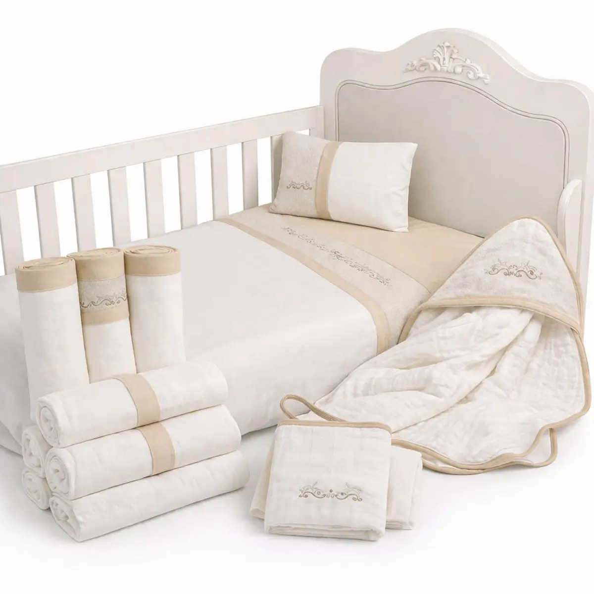 Kit Enxoval Bebê 12 Peças Completo com Cueiros, Toalha de Banho Soft, Jogo de Lençol, Fralda e Panos de Boca para Maternidade (Bege/Creme) - 1