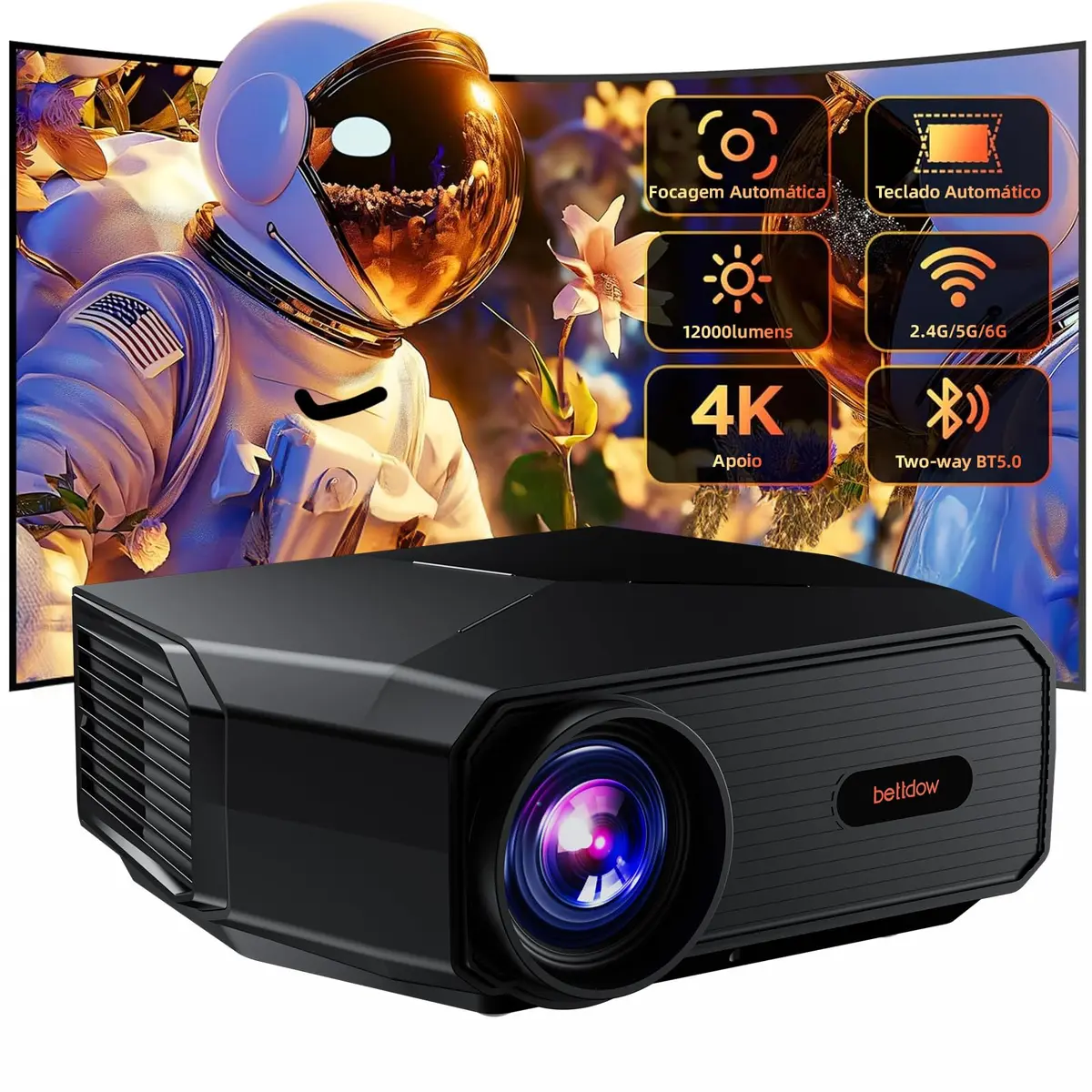 Bettdow Projetor 4k 8k 12000 Lumens Hd 1080p Compatível Completo De Android 9, Smart Projetores Retroprojetor Portatil 350 ANSI WiFi 6 BT5.0, Auto Correção Trapezoidal, Foco Automático - 1