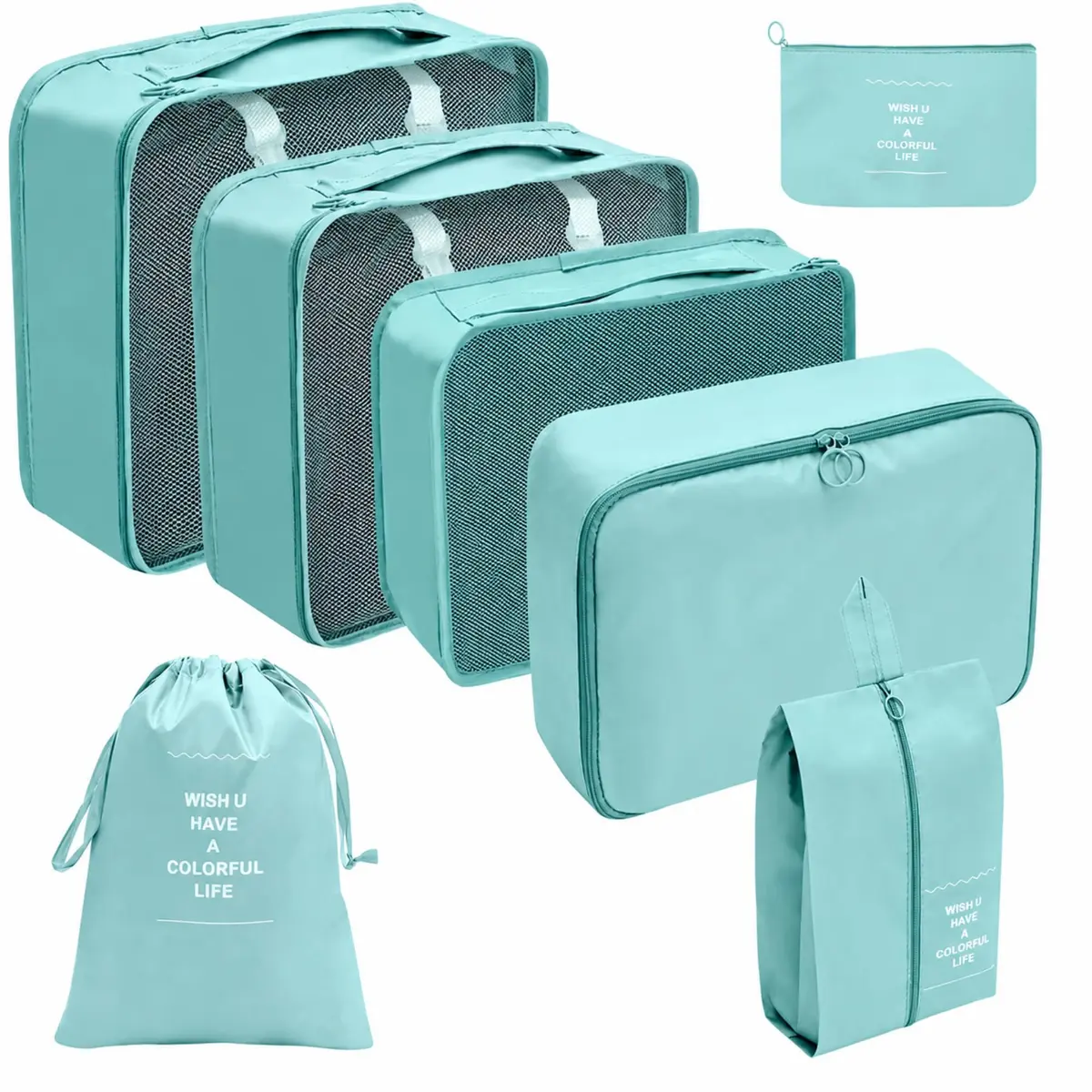 Kit Organizador de Mala 8 Peças Packing Cubes com Compressão Porta Sapatos Necessaire Transparente Roupas Sujas para Viagem (Azul claro 7 peças) - 1