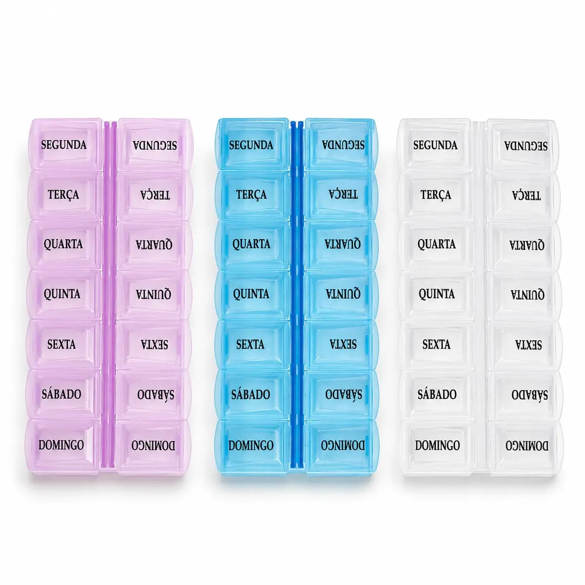 MBB Shop - Caixa Organizador Porta Comprimido Remédio Vitaminas Semanal 2 x Por Dia ou 4x por dia - Manhã e Noite - 14 OU 28 Compartimentos - Premium (Sortida-Lilás/Azul/Transparente) - 1