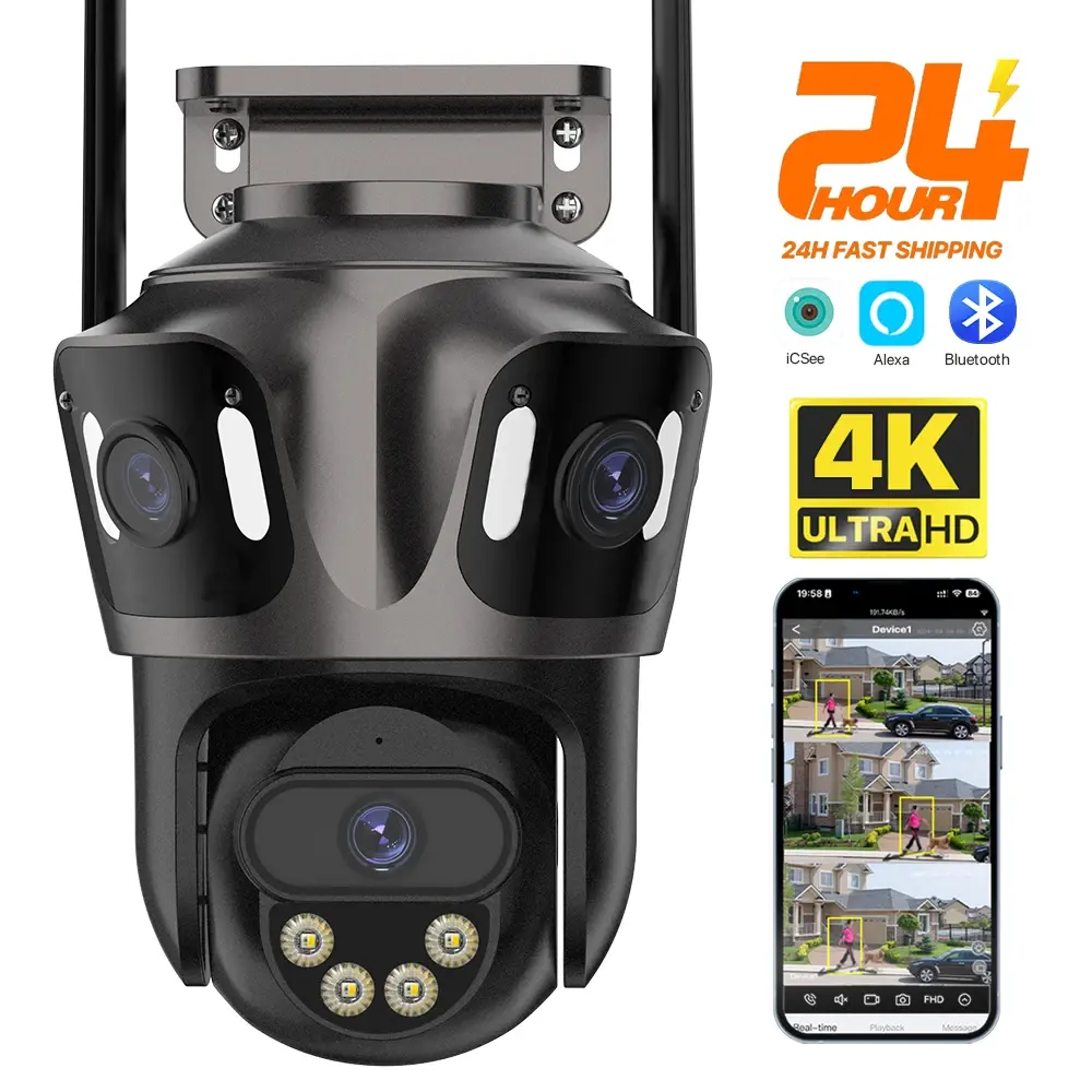 Câmera IP WIFI de Três Telas para Exterior, Câmera PTZ 4K com Lente Dupla, Detecção Humana por IA, Câmera de Segurança CCTV à Prova d'Água IP66 ICsee - 1