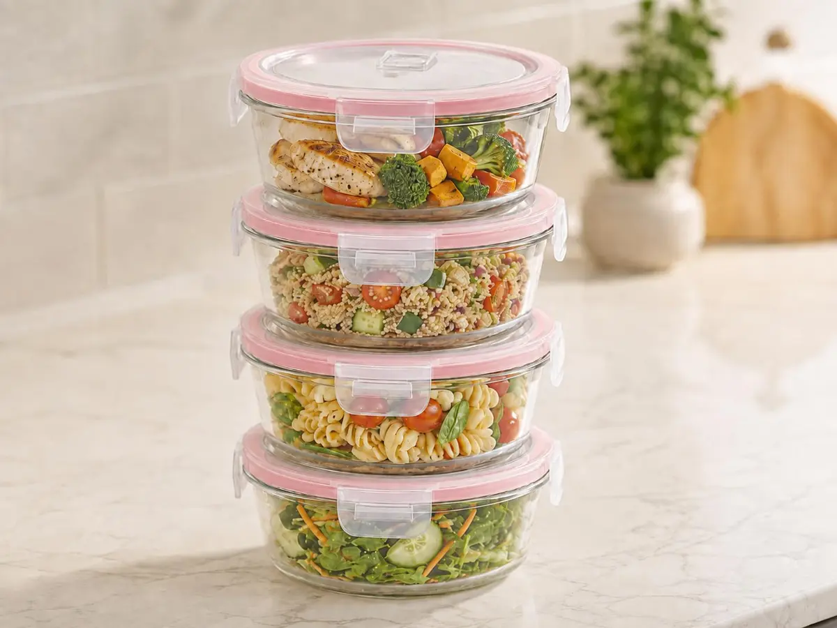 Kit 4 Potes de Vidro Herméticos Redondos 620ml com Tampa e Travas Antivazamento, Marmitas com Vedação em Silicone para Micro-ondas, Freezer e Forno até 400°C (Vermelho) - 1