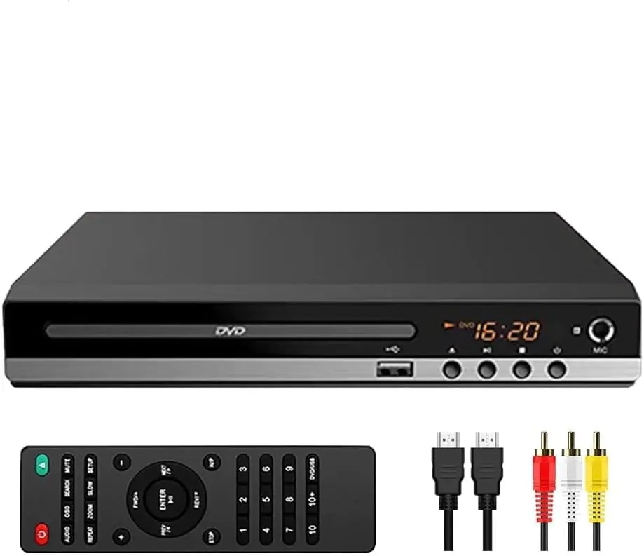 Leitor de DVD para TV Home Leitor de CD com leitor compacto HD remoto 1080P Toda a região Cabos HDMI e RCA gratuitos Entrada USB, Monitor e projetor de suporte