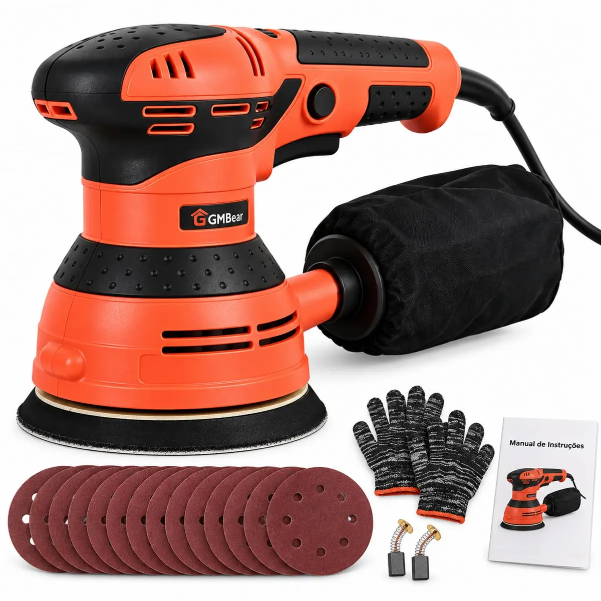 Lixadeira Roto Orbital 550W 220V 125mm, 6 Velocidades e Coletor de Pó | Lixadeira roto orbital profissional 550W com 6 velocidades, base 125mm, coletor de pó, velcro e 15 lixas para madeira.