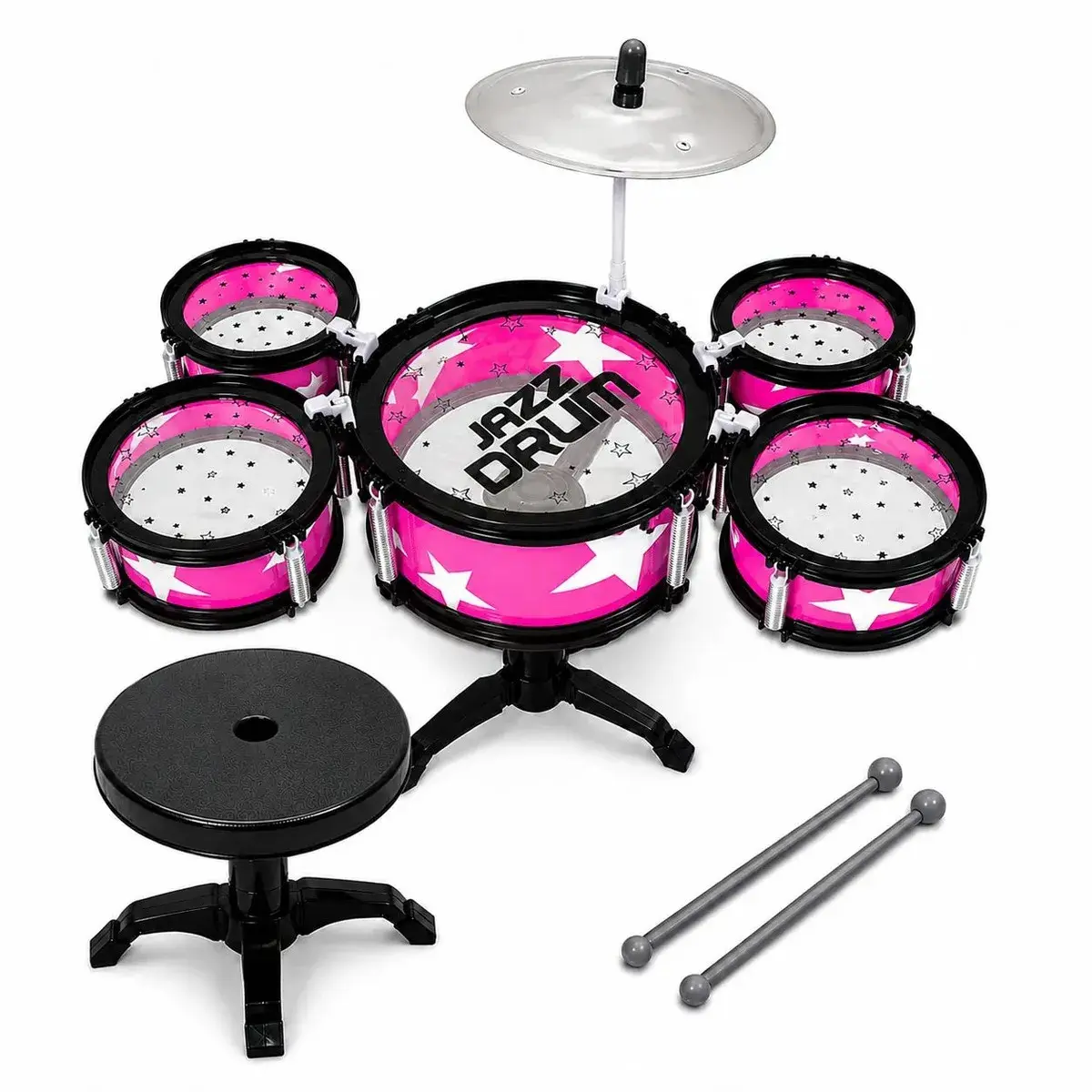 Mini Bateria Infantil Completa Banquinho Brinquedo 5 Tambores Com Baquetas Presente Cor Rosa