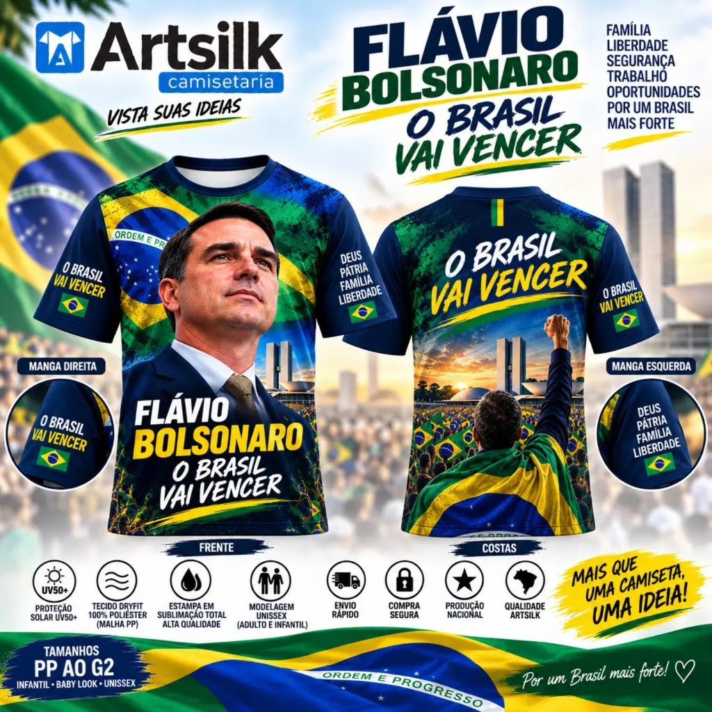 Camiseta Flávio Bolsonaro Dry Fit Premium UV50+ Sublimação Total O Brasil Vai Vencer