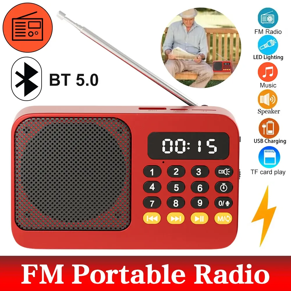 Bluetooth 5.0 portátil rádio fm pequena caixa de som recarregável de emergência mini alto-falante vintage mp3 player suporte cartão tf unidade usb - 1