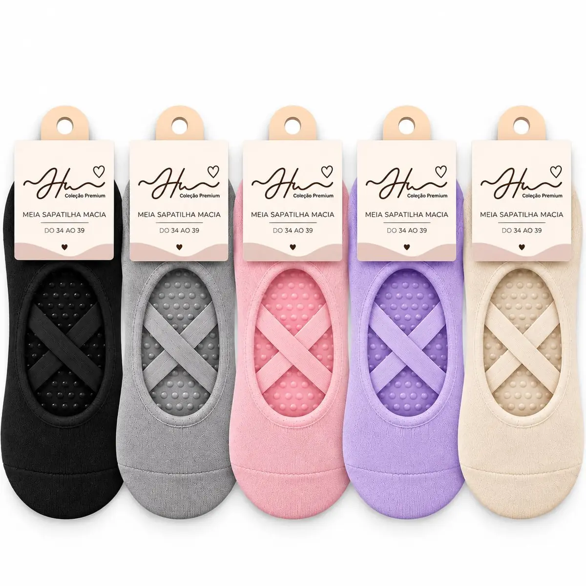 Kit Pares Meias Sapatilha Antiderrapante para Pilates e Yoga, Malha, Cores Sortidas e preta