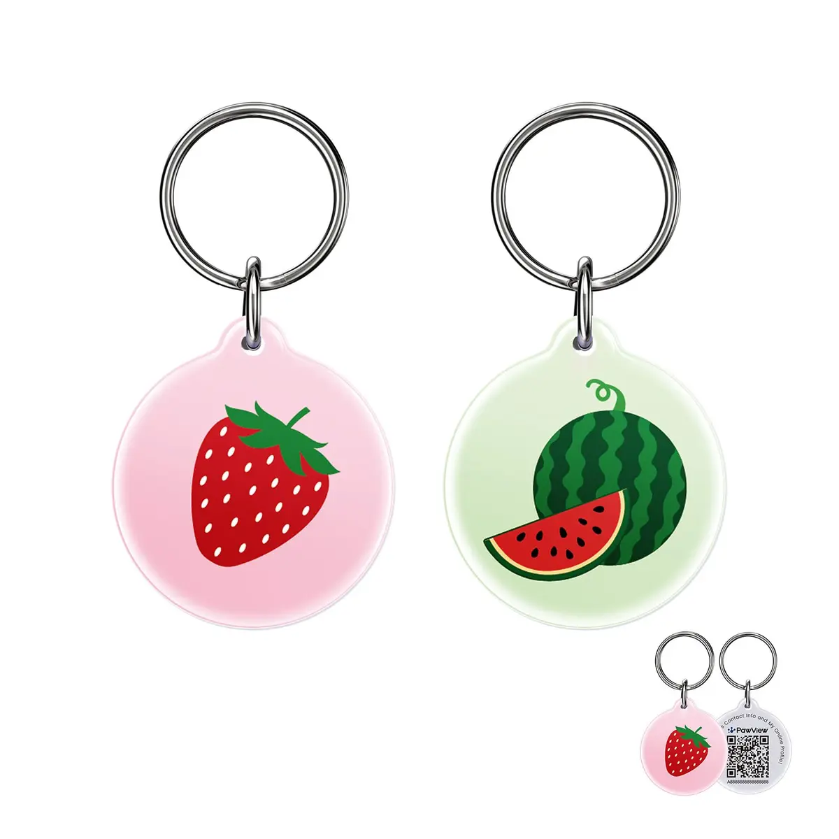 PawView Plaquinha de Identificação Pet com QR Code Kit 2 Peças | Tag Inteligente Anti-Perda para Cachorro e Gato, Pingente Decorativo com App, Contato do Tutor e Gestão do Pet Frutas - 1